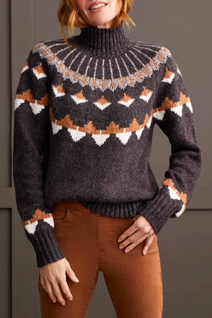 NEW TRIBAL long sleeve mock neck intarsia sweater in walnut